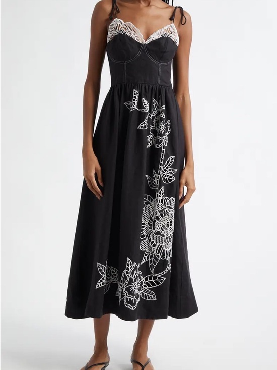 FARM Rio Dresses & Skirts - FARM Rio Black Richelieu Lace Euroflax Premium Linen Midi Dress